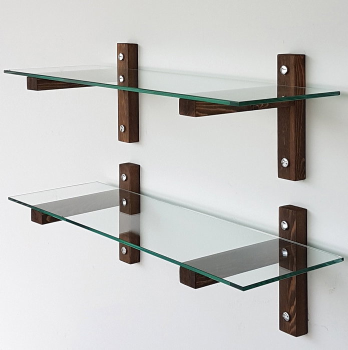 Hanah Home R200 Estantería de pared de cristal templado y madera de pino, Nogal